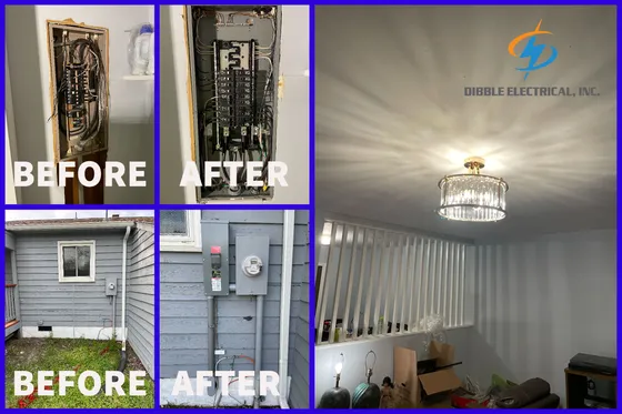 Before and after electrical panel upgrades and a chandelier installed by Dibble Electrical