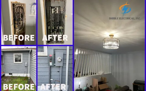 Before and after emergency electrical panel and service repair by Dibble Electrical