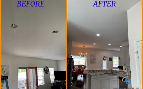 Before and after of recessed LED lighting installed in a Central Virginia family room by Dibble Electrical