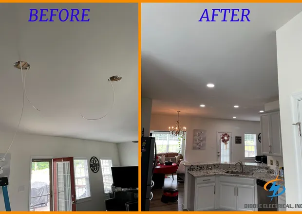 Before and after of recessed LED lighting installed in a Central Virginia family room by Dibble Electrical